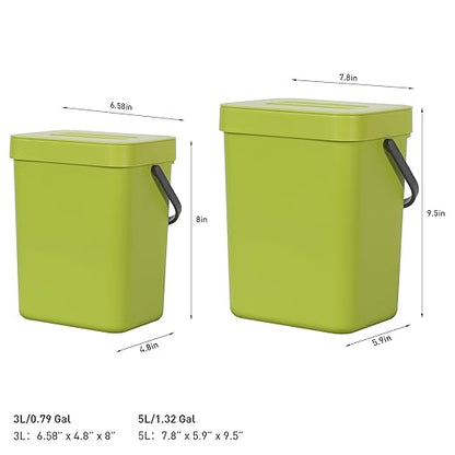 EKO Puro Wall-Mounted Trash Can with Lid, 1.32 Gal / 5L Hanging Trash Can, Small Kitchen Compost Bin for Counter Top, Mini Food Waste Bin (Green)