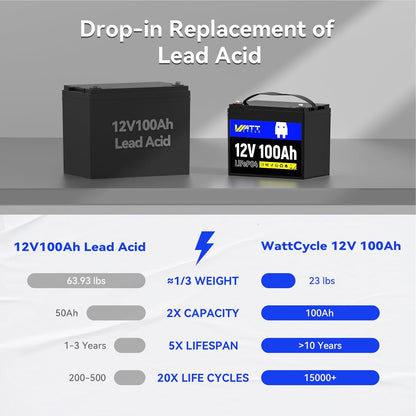 LiFePO4 Lithium Battery 12V 100Ah, Use EV Grade A+ Cell, Buit-in 100A BMS, Low Temperature Protection, Up to 15000 Cycles -Perfect for RV, Solar System, Trolling Motor, etc.