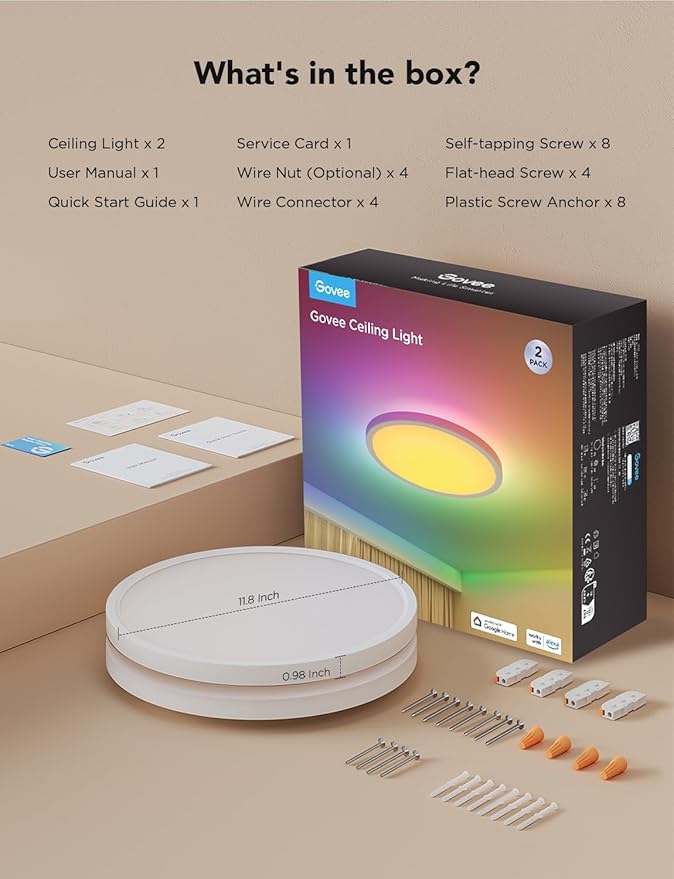 Govee Smart Ceiling Light, RGBIC LED Ceiling Light Fixture, 2400LM Flush Mount Light Fixture, DIY Colors, 12 Inch, 1 Pack (White 2 Packs)