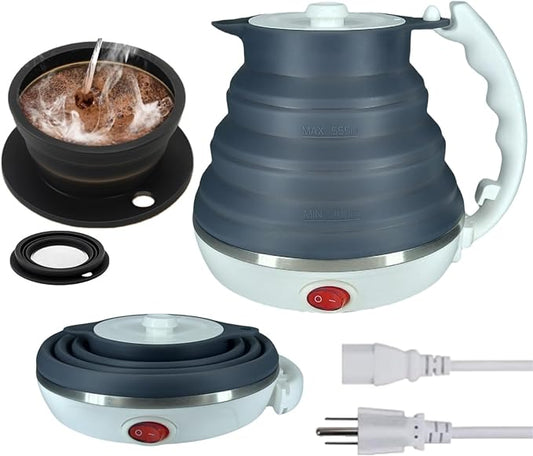 Travel Electric Kettle Small, Collpasible Electric Kettle, Portable Tea Kettle + Paperless Collapsible Pour Over Coffee Dripper, Travel Pour Over Coffee Maker Camping Single Cup (Black)