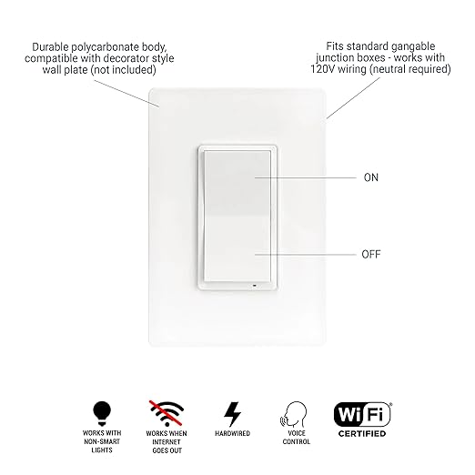 HALO Pure Smart Wi-Fi On/Off Switch for Traditional Non-Smart Lighting, Connected by WiZ Pro, Hardwired 120V - SWW-SWT-WH