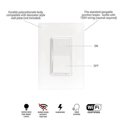 HALO Pure Smart Wi-Fi On/Off Switch for Traditional Non-Smart Lighting, Connected by WiZ Pro, Hardwired 120V - SWW-SWT-WH
