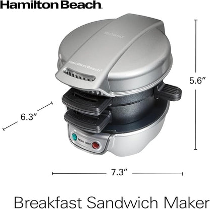 Hamilton Beach Breakfast Sandwich Maker with Egg Cooker Ring,Customize Ingredients,Perfect for English Muffins,Croissants,Mini Waffles,Perfect White Elephant Gifts,Silver (25475),(Pack of 4)