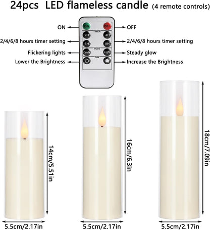 Set of 24 Flameless Led Battery Opeated (D2.2'' x H5''6''7'') Realistic Moving Wick Candles with 10-Key Remotes and Cycling 24 Hours Timer