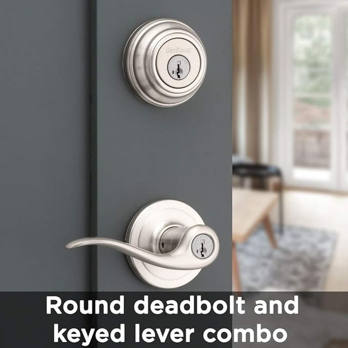 Kwikset 991 Tustin Entry Lever and Single Cylinder Deadbolt Combo Pack featuring SmartKey in Satin Nickel, Model Number: 99910-040