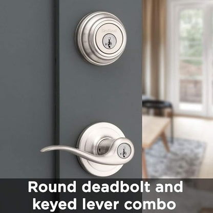 Kwikset 991 Tustin Entry Lever and Single Cylinder Deadbolt Combo Pack featuring SmartKey in Satin Nickel, Model Number: 99910-040