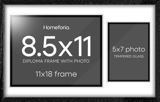 Homeforia 11x18 Black Diploma Frame with Photo, High End Oak 11 x 18 Certificate Wood Frame with Mat 8.5x11 Diploma and 5x7 Picture, 11 by 18 Wooden Document Frames, Tempered Glass, Wall Kit, Set of 1