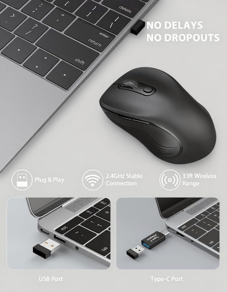 Trueque Wireless Mouse for Laptop, 2.4GHz Ergonomic Computer Mouse with Back & Forward Buttons, 3-Level DPI, 6 Buttons, Optical USB Cordless Mice for Windows Chromebook MacBook PC (Ink Black)