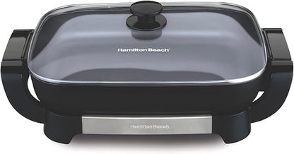 Hamilton Beach Electric Skillet with PFAS-Free Durathon Ceramic Coating, Removable 12x15” Pan, Adjustable Temperature, Reversible Design, Tempered Glass Lid, Black Nonstick Surface (38531)