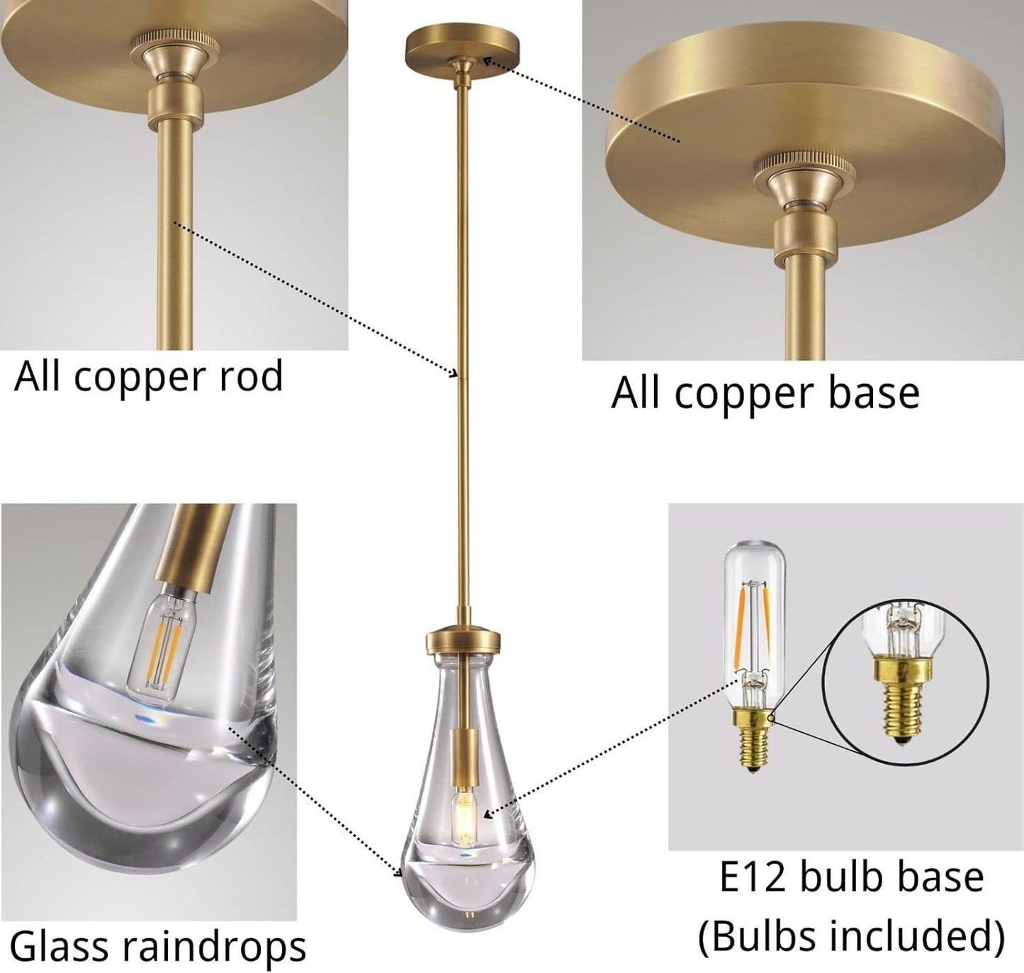 Modern Raindrop Pendant Lights, Pendant Lights for Kitchen Island, Brass Rod Dining Room Light Fixture， Clear Solid Raindrop Chandelier, Chandelier for Living Room Hallway, Including Bulb