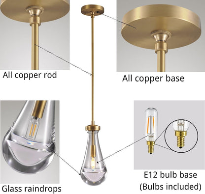 Modern Raindrop Pendant Lights, Pendant Lights for Kitchen Island, Brass Rod Dining Room Light Fixture， Clear Solid Raindrop Chandelier, Chandelier for Living Room Hallway, Including Bulb
