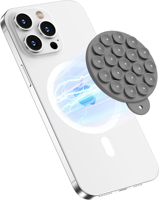 Magnetic Suction Cup Mount for MagSafe Case, Silicone Hands-Free Grip Holder for iPhone and Android, Mirror Shower Phone Stand for Makeup FaceTime Gym Kitchen Bathroom, Gray