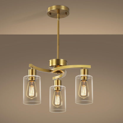 3-Light Gold Dining Room Chandeliers Over Table, Contemporary Kitchen Island Pendant Lighting, Industrial Hanging Light Fixture for Entryway Hallway Foyer Bedroom, Clear Glass Shade