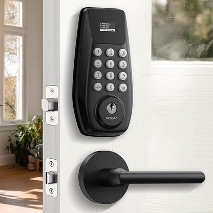 DESLOC C100 Keyless Entry Door Lock with 2 Lever Handles, Smart Deadbolt Lock for Front Door with 2 Keys, Auto Lock, 100 PIN Codes, Passage Mode, IP54 Waterproof, 12 Months Battery,Black