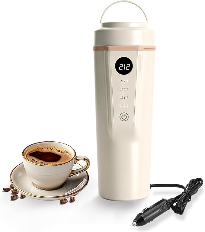 Car Electric Kettle 12V/24V Dual Voltage, Protable Travel Electric Kettle, Small Water Boiler with 4 Temp Control, 316 Stainless Steel,16oz(Beige