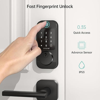 Keyless Door Lock with Handle Set - SMONET WiFi Fingerprint Smart Locks for Front Door, App Remote Control, Digital Bluetooth Keypad Deadbolt Set with Alexa, Auto Lock, Code, Fobs for Home Black