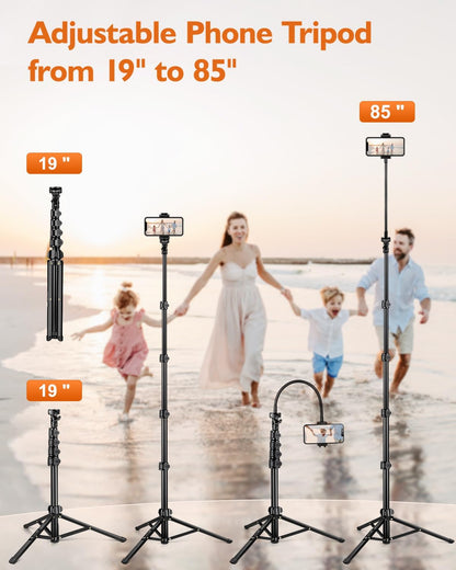 Phone Tripod, 85" Tall Tripod for iPhone with Gooseneck and Remote, Overhead Phone Stand for Recording Watching Cooking Fitness Vlog, Compatible with iPhone Android, Black