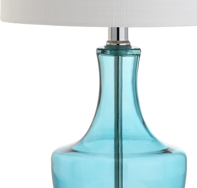 JONATHAN Y 20" Amalfi Blue Glass Mini Table Lamp, Modern Bedside Lamp for Bedroom, White Linen Drum Shade, Teardrop Glass Base, LED Bulb Included, UL Listed (JYL1029C)