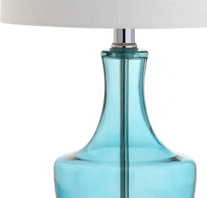 JONATHAN Y 20" Amalfi Blue Glass Mini Table Lamp, Modern Bedside Lamp for Bedroom, White Linen Drum Shade, Teardrop Glass Base, LED Bulb Included, UL Listed (JYL1029C-SET2)
