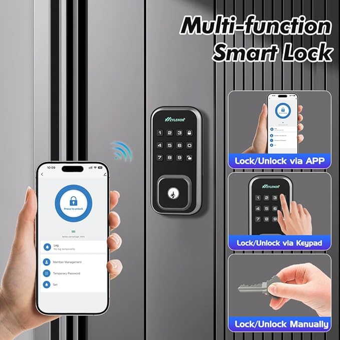 Keyless Entry Door Lock, Smart Lock for Front Door with Digital Keypad, Built-in WiFi Deadbolt, App Remote Control with Easy Installation, Upgraded Battery Life