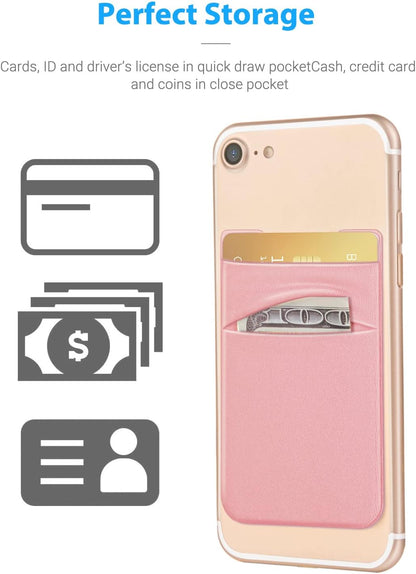 2 Pack Stick On Wallet Sleeve Cell Phone Dual Pocket Card Holder Double Pocket Pouch for iPhone Android Smartphone (2Pack PINK)