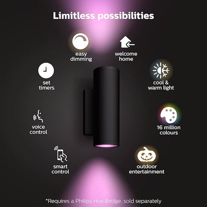 Philips Hue Appear Outdoor Smart Wall Light, Black - White and Color Ambiance LED Color-Changing Light - 2 Pack - Requires Hue Bridge - Control with Hue App and Voice - Weatherproof