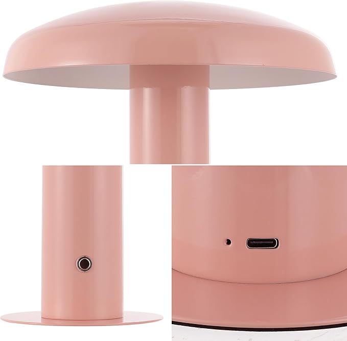 JONATHAN Y 11" Pink Rechargeable LED Mushroom Table Lamp, Cordless Portable Dimmable Mid-Century Modern Accent Lamp, with Metal Shade, Touch Sensor (JYL7114E)