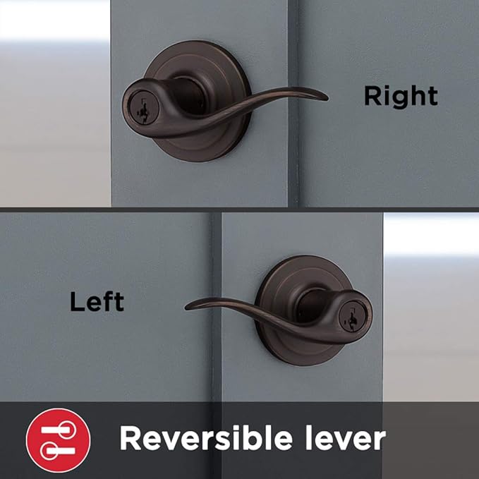 Kwikset Tustin Entry Door Handle with Lock and Key, Secure Keyed Reversible Lever Exterior, For Front Entrance and Bedrooms, Venetian Bronze, Pick Resistant Smartkey Rekey Security and Microban