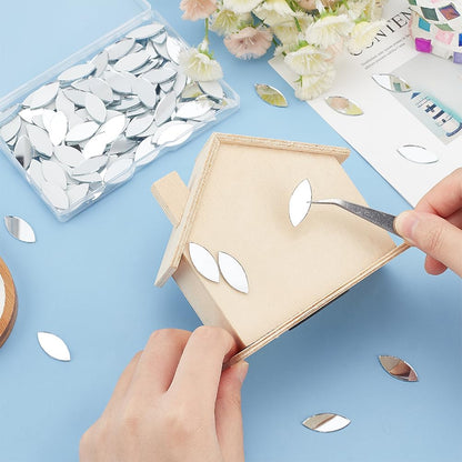 OLYCRAFT 150pcs Leaf Shape Craft Mirrors Mosaic Tiles 11x25mm Petal Mini Glass Mirror Tiles Leaf Cabochons Flower Leaves for DIY Crafts Art Wall Door Home Decorations