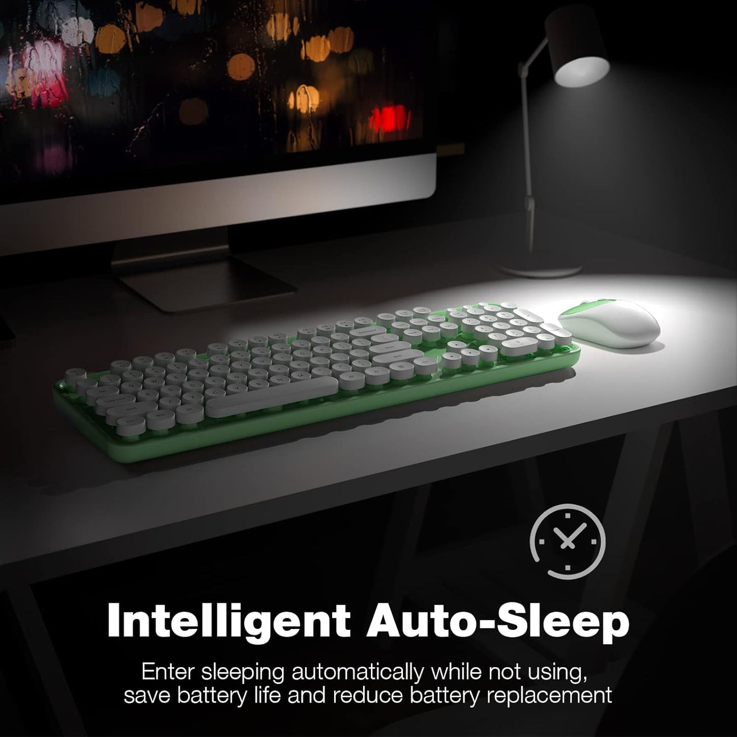 KNOWSQT Wireless Keyboard and Mouse Combo - White-Green Full-Sized 2.4 GHz 104 Keys Typewriter Cute Keyboard, Round Keycap and Optical Mouse for Windows, Computer, PC, Laptop, Desktop
