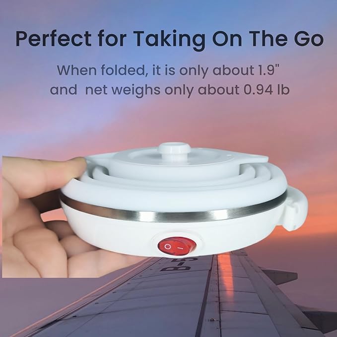 Travel Kettle Electric, Portable Travel Tea Kettle Small, Ultra-thin Collpasible Electric Kettle, Food Grade Silicone Foldable, Auto Shut off and Keep Warm, 110V 555ml (White)
