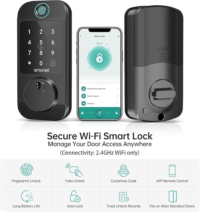 Keyless Door Lock with Handle Set - SMONET WiFi Fingerprint Smart Locks for Front Door, App Remote Control, Digital Bluetooth Keypad Deadbolt Set with Alexa, Auto Lock, Code, Fobs for Home Black