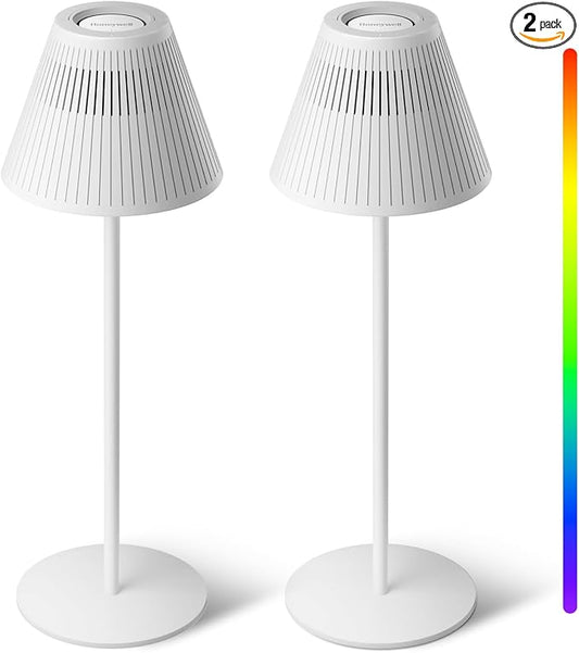 Honeywell M1 Cordless Small Table Lamp Rechargeable, 5200mAh Battery Operated LED Table Lamp, 4 Color 9RGB Stepless Dimmable Touch Control Night Light for Bedroom Restaurant Bedside (2, White)
