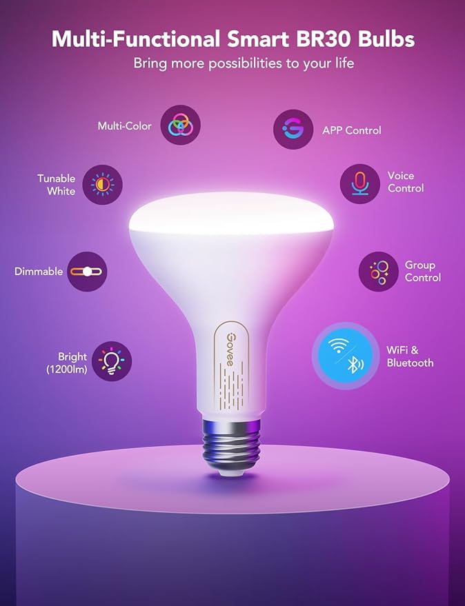 Govee Smart Light Bulbs, 1200 Lumens Dimmable BR30 Bulbs, RGBWW Color Changing Light Bulb, Flood Light Bulbs Work with Alexa, Google Assistant, WiFi & Bluetooth LED Bulbs, Music Sync, 2 Pack