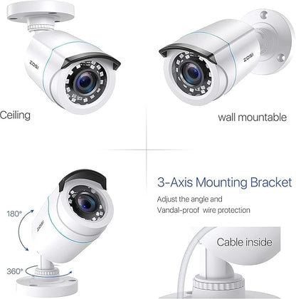 ZOSI 4 x 2MP 1080p HD-TVI Home Security Camera Outdoor Indoor 1920TVL,24PCS LEDs,80ft Night Vision, 90°View Angle, Weatherproof Outside Surveillance CCTV Bullet Camera