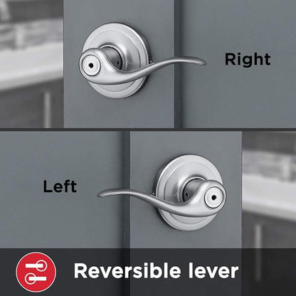 Kwikset Tustin Interior Privacy Door Handle with Lock, Door Lever For Bathroom and Bedroom, Satin Chrome Reversible Keyless Turn Lock