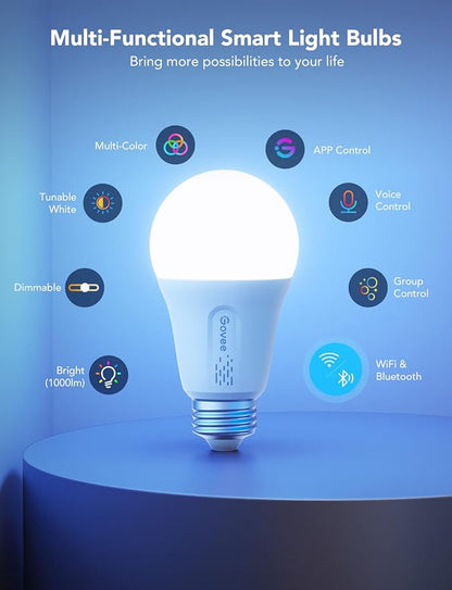 Govee LED Smart Light Bulbs, 1000LM Color Changing Light Bulb, Wi-Fi & Bluetooth Light Bulbs, Work with Alexa and Google Assistant, Dimmable RGBWW A19 75W Equivalent Smart Bulbs, 8 Pack