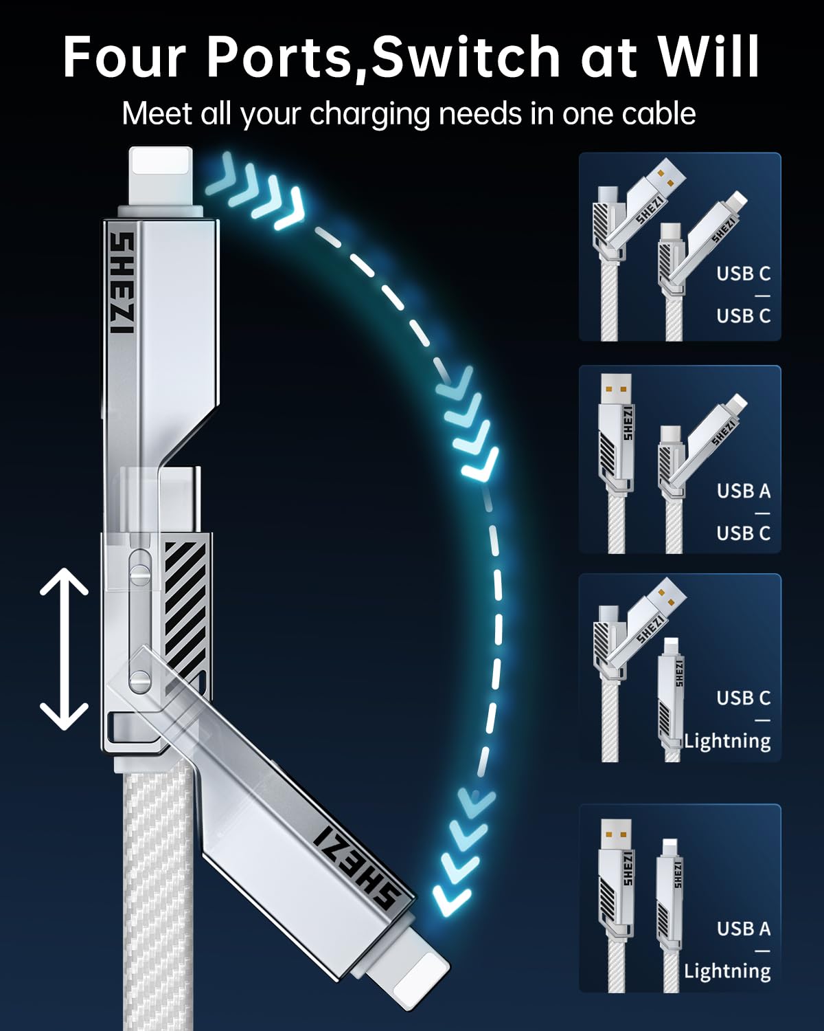 SHEZI [Upgraded 2.0] 4-in-1 USB C Cable 60W 10FT Fast Charging [480Mbps Data Sync] Flat Nylon Braided Charger Cord Combo, USB A/C to C/L Multi Charge Cable for iPhone/iPad & Most Devices, Silver