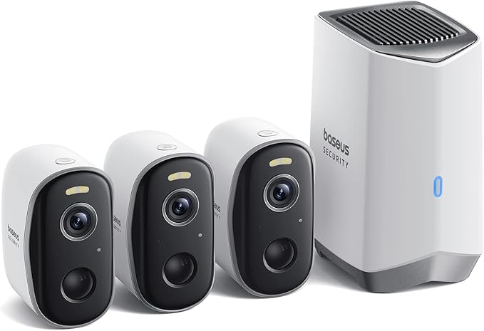 Baseus Wirelsss Cameras for Home Security, N1 3-Cam Kit with 2K Clarity, No Monthly Fee, 16TB Expandable Local Storage, 210-Day Battery Life, Spotlight & Alarm, Compatible with Alexa and Google Home