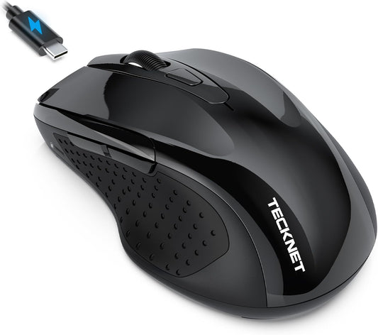 TECKNET Rechargeable Jiggler Wireless Mouse (BT5.0/3.0 & 2.4G) 4800 DPI Silent USB A & Bluetooth Mouse 6 Buttons, Wide Compatibility - Black