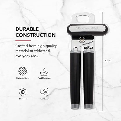 KitchenAid Classic Multifunction Can Opener and Bottle Opener Easy to Use, Razor Sharp Stainless Steel Cutting Wheel, Soft Ergonomic Handles, Black