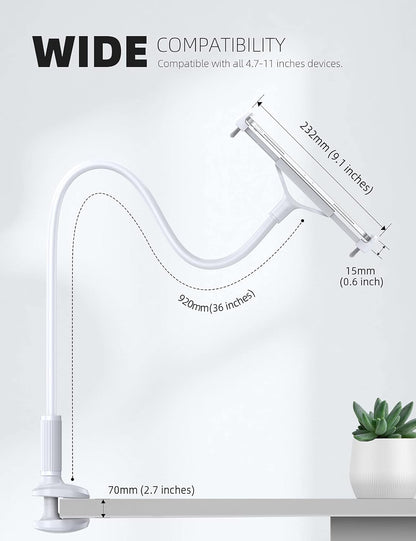 Lamicall Gooseneck Tablet Mount Holder for Bed Flexible Tablet Arm Clamp for Bed Compatible with Pad Pro 10.5, Air 9.7, Mini 7.9, Galaxy Tabs, Switch, More 4.7-11" Device - White