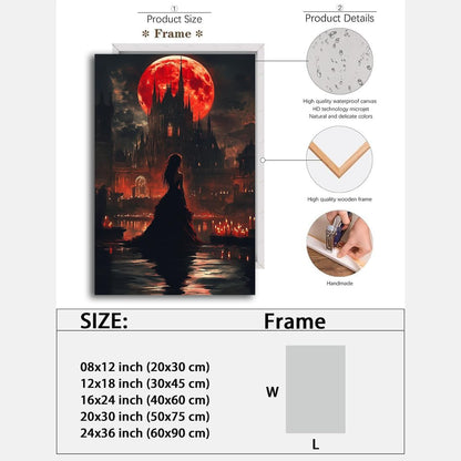 Halloween Witch Poster Canvas Prints Art Vintage Decor,Red Castle Blood Moon and Witch Scene Gothic Painting,Rustic Dark Academia Wall Art for Bathroom Spooky Living Room Wall Decor,8"x12" Framed