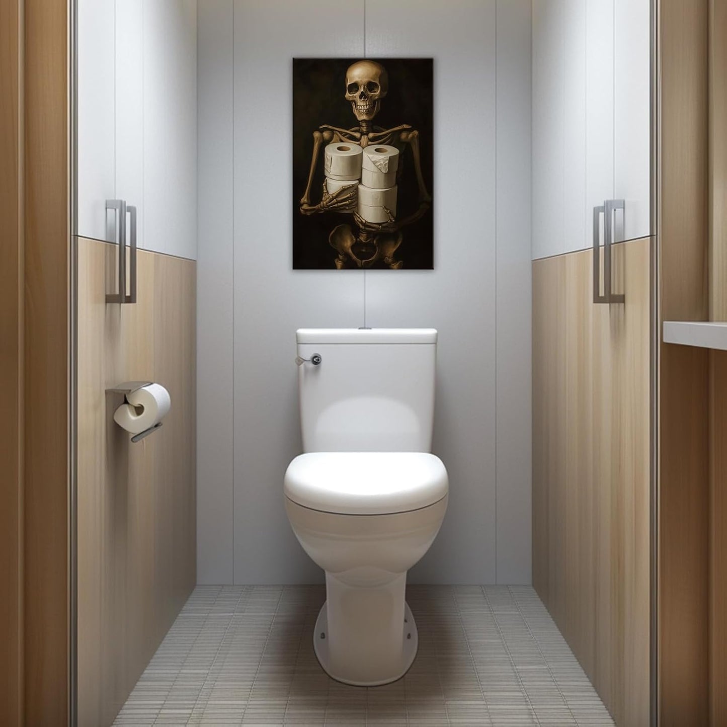 Gothic Skull Wall Art Funny Skeleton with Toilet Paper Canvas Print Vintage Skull Painting Framed Artwork for Living Room Home Halloween Wall Decor(Artwork-8,12"x18")