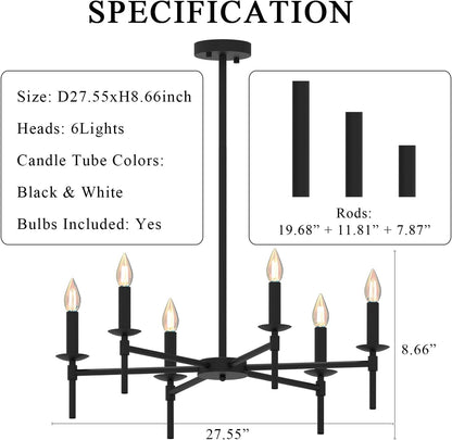 Black LED Chandeliers, Round Candle Hanging Lamp Ceiling, Modern Bedroom Chandelier Light Fixture for Kitchen Island Dining Room Living Room Farmhouse (Black-B 6Lights)