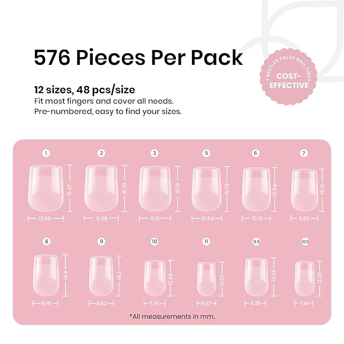 Beetles Short Square Nail Tips: 576PCS 12 Sizes XS Short Square Half Matte Clear False Acrylic Press on Nails Tips Pre-shape Full Cover Nail Tips Nail Extension DIY