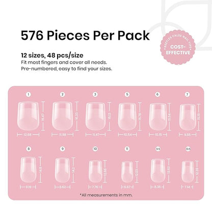 Beetles Short Square Nail Tips: 576PCS 12 Sizes XS Short Square Half Matte Clear False Acrylic Press on Nails Tips Pre-shape Full Cover Nail Tips Nail Extension DIY