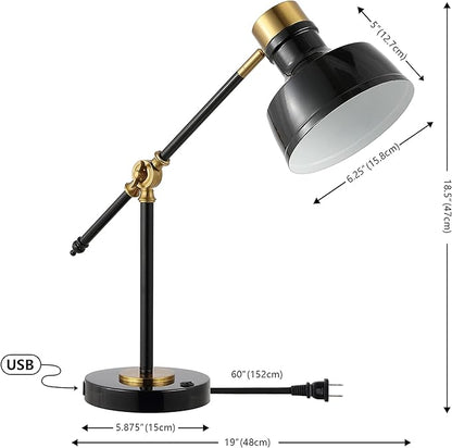 JONATHAN Y 18.5" Black/Brass Gold Adjustable Cantilever LED Task Lamp with USB Charging Port, Vintage Farmhouse Desk Lamp for Home Office Reading, Metal Shade JYL7124A