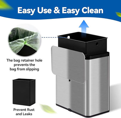 Compost Bin Kitchen, 2.1 Gallon Stainless Steel Trash Can with Lid for Countertop or Under Sink, Hanging Small Trash Bin, Removable Inner Bucket, Built-in Filter, 60 Compostable Garbage Bags