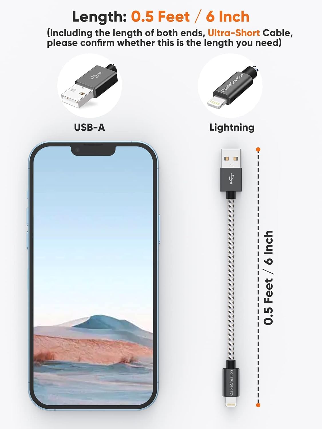 CableCreation 3-Pack Short iPhone Charging Cable 6 Inch/0.5ft, [MFi Certified] Lightning to USB Data Sync Cord, Compatible with iPhone 14/14 Pro, AirPods Pro, iPhone 13, 12, 11, iPad